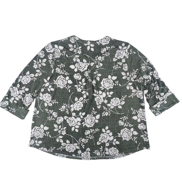 Papermoon Blouse 3X Gray Green Tones Floral White Rose Print Split Neck Top - Picture 6 of 9